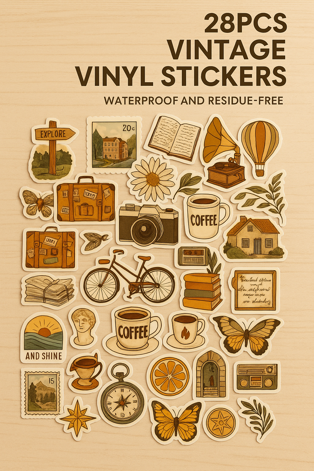 28Pcs Vintage Vinyl Stickers - Waterproof and Residue-Free for Laptops, Journals, Scrapbooks, Water Bottles, Guitars, and More