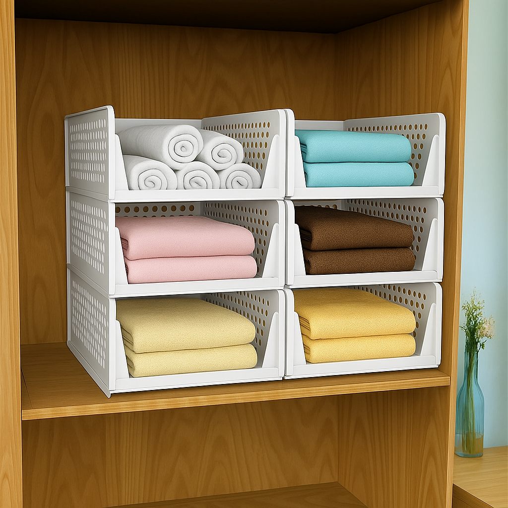 HomeStrap Set of 6, Stack it Up | Large Cloth Stacker | Foldable Shirt Storage Stacker for Wardrobe | Plastic Stackable Closet Organizer | White | 34L x 44W x 19H Centimeters