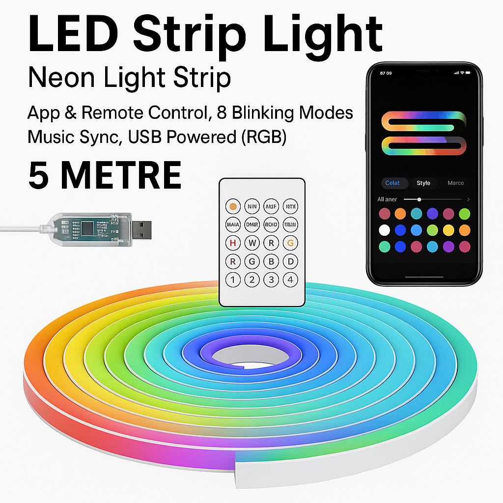 LED Strip Light | 5 Metre | Neon Light Strip, Neon Light, Neon, App & Remote Control, 8 Blinking Modes, Music Sync, USB Powered (RGB)