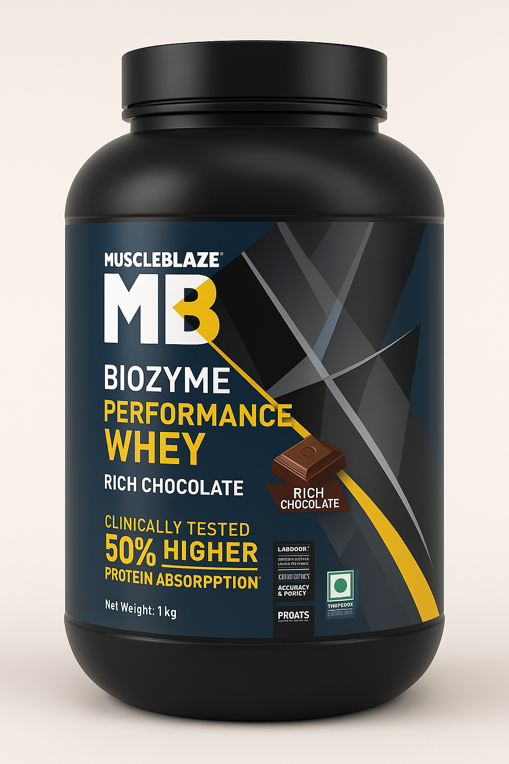 MuscleBlaze Biozyme Performance Whey Protein Powder, Rich Chocolate (1kg / 2.2lbs) | 25g Protein Per Scoop | Clinically Tested 50% Higher Protein Absorption