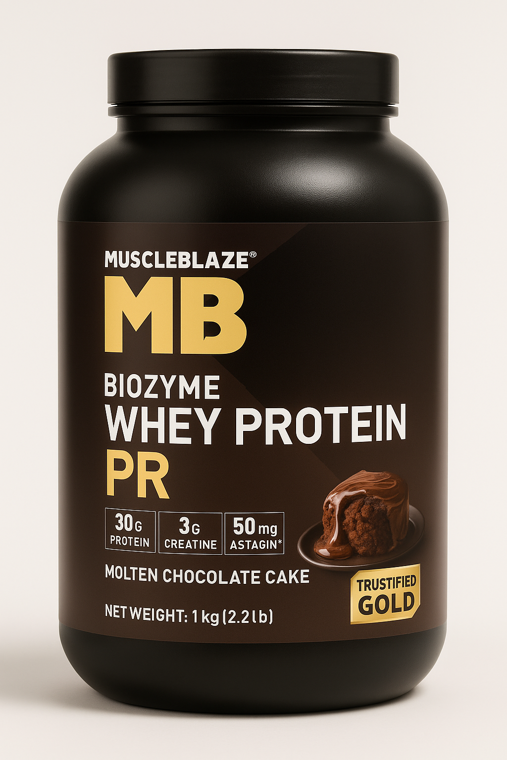MuscleBlaze Biozyme Whey Protein PR Powder with 30g Protein, 3g Creatine Monohydrate & 50mg AstraGin (Molten Chocolate Cake, 1kg / 2.2lbs) | Trustified Gold Certified